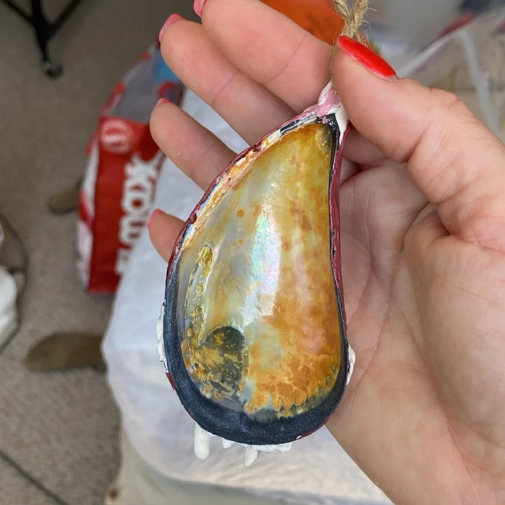 Red and White Santa mussel seashell ornament hand made with love